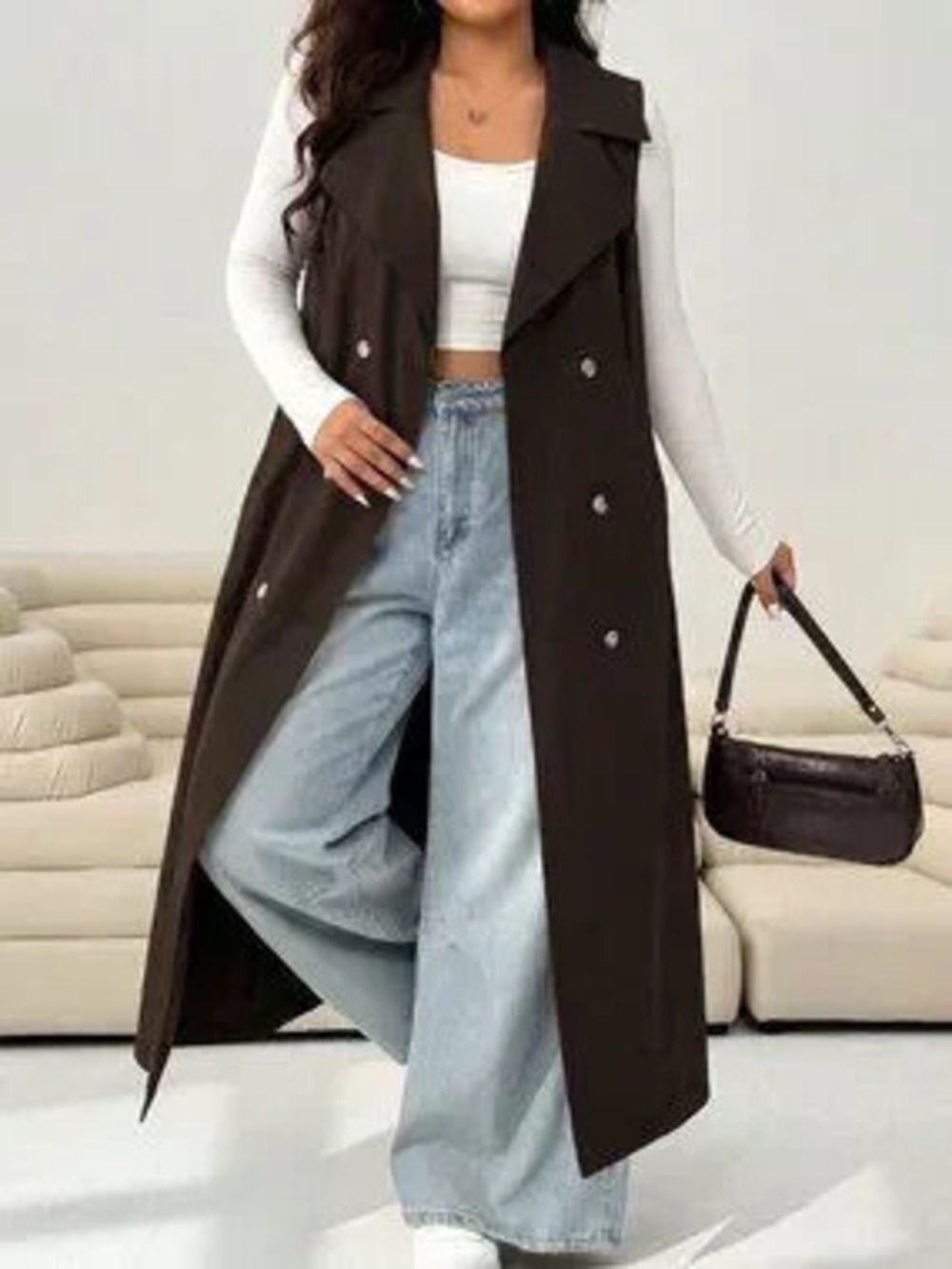 Chocolate Brown Elegant Women's Double-Breasted Sleeveless Tie-Front Trench Coat